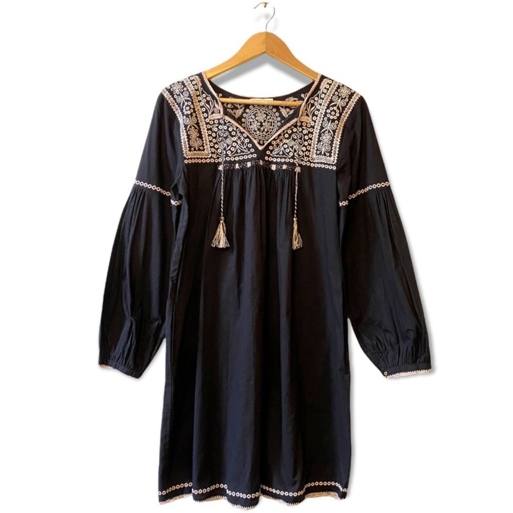 Ulla Johnson Boho Mira Black Pink Cotton Embroidered Tasseled Mini Dress Size 6